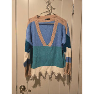 Women's SHEIN Colorblock Distressed Sweater L Blue Beige